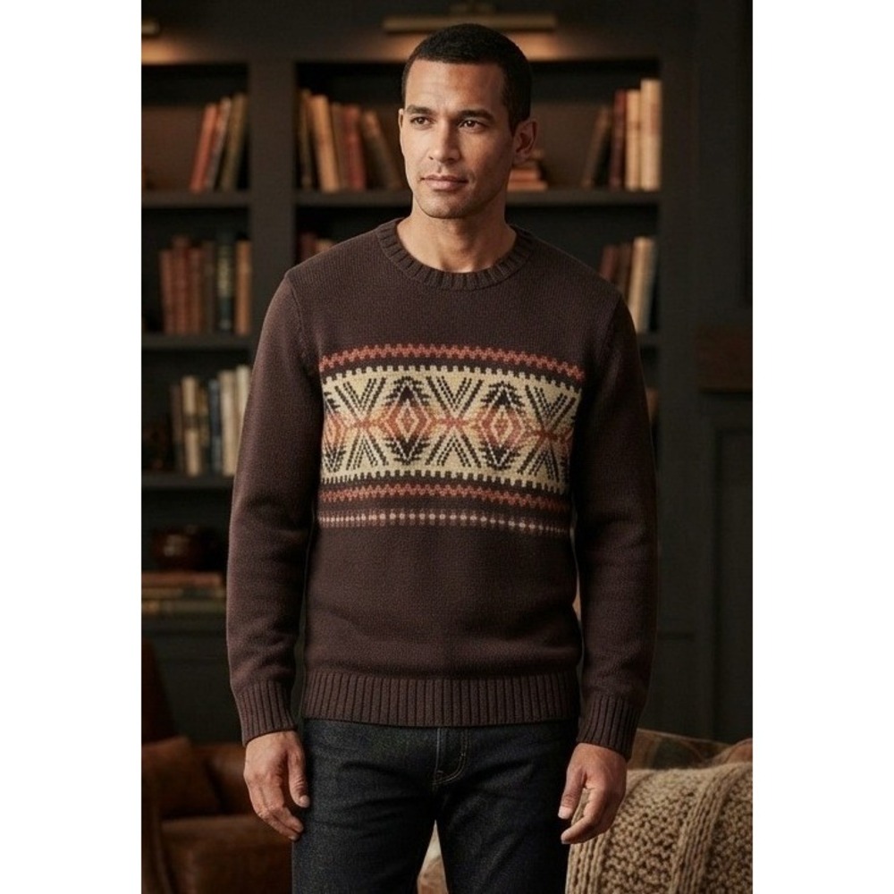 G.H. Bass & Co. Fair Isle Crewneck Pullover Sweater Mens Medium Burgundy Grandpa